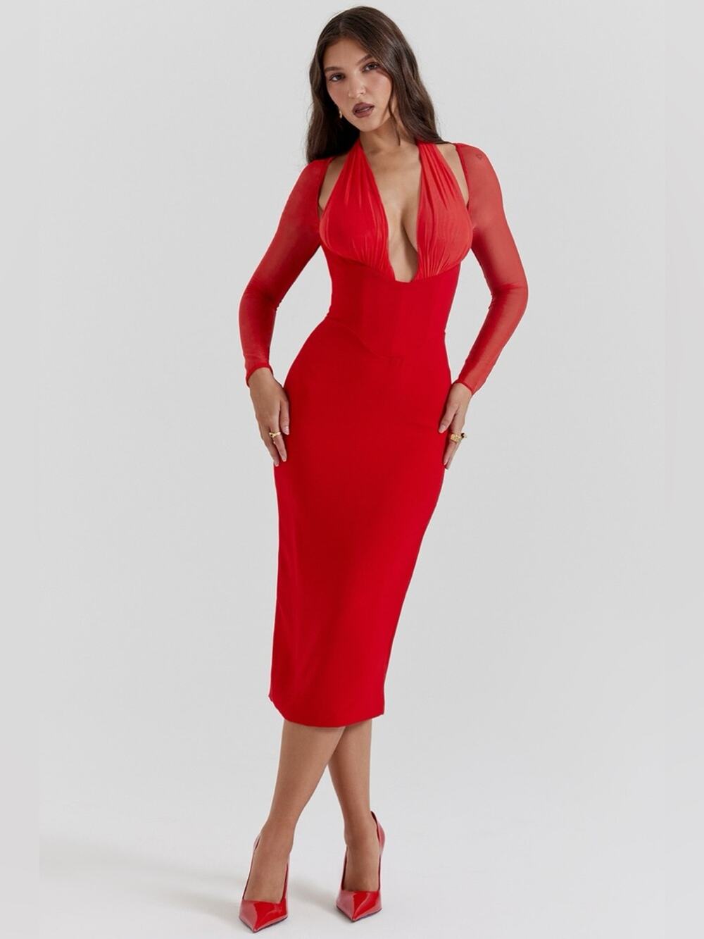 House of CB Yasmin Scarlet Plunge Midi Dress XS